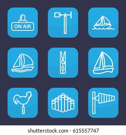 Wind icon. set of 9 outline wind icons such as wind cone, cloth pin, weather vane, open air, harmonica, boat