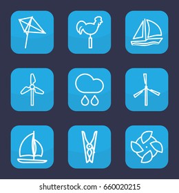 Wind icon. set of 9 outline wind icons such as mill, kite, cloth pin, weather vane, rain, sailboat