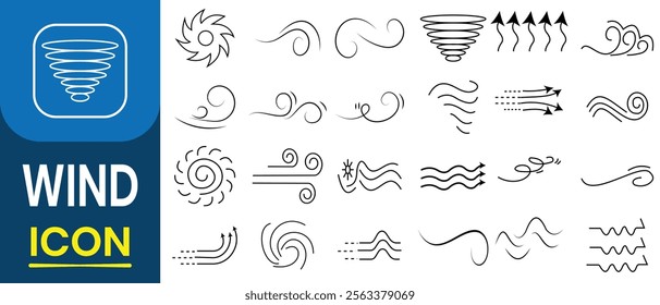 Wind icon set.  Wind air movement for weather and forecast symbol.  Natural movement of the air symbols.  Sketch drawn air blow motion, smoke flow art, abstract line.  Air icons vector illustration.