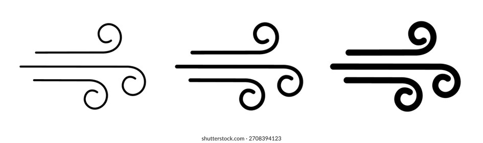 Wind icon set, wind blow line icon, fresh cloud air speed symbol. Wind blow air line sign. Windy weather symbol