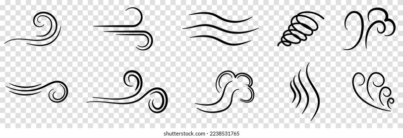 Wind icon set. Blowing wind outline icons. Vector illustration isolated on transparent background
