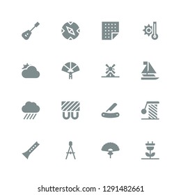 wind icon set. Collection of 16 filled wind icons included Renewable energy, Fan, Compass, Flute, Scratching, Blade, Heating, Rain, Sailboat, Windmill, Paper fan, Cloudy, Temperature