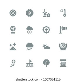 wind icon set. Collection of 16 filled wind icons included Water well, Fan, Sailboat, Kite, Ecology, Cloudy, Rain, Dust, Windsock, Energy, Temperature, Eolical, Compass
