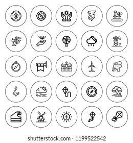 Wind icon set. collection of 25 outline wind icons with cold water, compass, ecologism, green power, eolic energy, kite, fan, netherlands, rainy icons. editable icons.