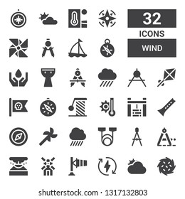 wind icon set. Collection of 32 filled wind icons included Tumbleweed, Cloudy, Eco energy, Windsock, Wind mill, Eruption, Compass, Resistance, Rain, Windmill, Flute, Water well