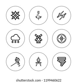 Wind icon set. collection of 9 outline wind icons with compass, green power, kite, rain, sail, wind mill, windrose icons. editable icons.