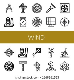 wind icon set. Collection of Compass, Surfer, Turbine, Trumpet, Solar energy, Fan, Windrose, Sailing, Wiper, Kite, Windmill, Drought, Wind energy, Atomic energy icons
