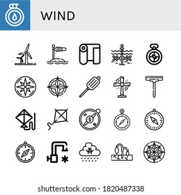 conjunto de iconos de viento. Colección de brújula, energía eólica, toma de viento, tela, marea, soplador de aire, turbina, limpiaparabrisas, cometa, agua fría, lluvia, iconos de sequía
