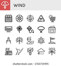 conjunto de iconos de viento. Colección de Ventilador, Energía hidráulica, brújula, Viento, Energía solar, Aire acondicionado, Tornillo, Cometa, Hidratación, Turbina eólica, Surfista, Energía atómica, iconos de enchufe