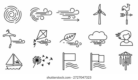 Ícone de vento definido. Apresentando símbolos de brisa, turbina de vento, palheta de tempo, pipa, barco à vela e sementes de dente-de-leão