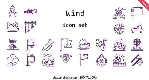 wind icon set. line icon style. wind related icons such as storm, flag, propeller, windmill, flags, saxophone, hurricane, cloud, flute, tea, tsunami, fan, compass, trumpet
