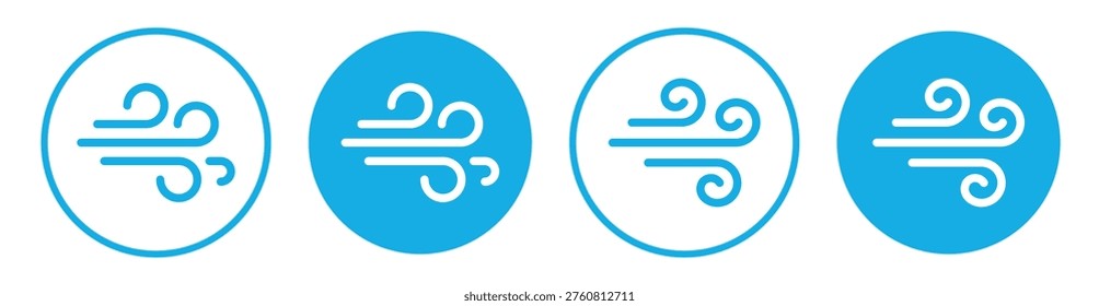 Wind icon set in round frames on blue background. Airflow and breeze symbols in outline style. Weather, ventilation and air conditioner concept. 
