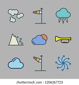 wind icon set. vector set about wind sign, falling debris, airscrew and cloud icons set.