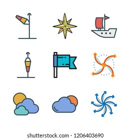 wind icon set. vector set about airscrew, wind rose, wind sign and cloud icons set.