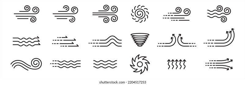 Wind icon set. Winds vector icons set. Wind air movement for weather and forecast symbol. Contains sign of storm, tornado, and breeze. Design graphic in outline style illustration.