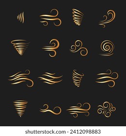 Wind icon set. Winds vector icons set. Wind air movement for weather and forecast symbol. Contains sign of storm, tornado, and breeze. Design graphic in outline style illustration.