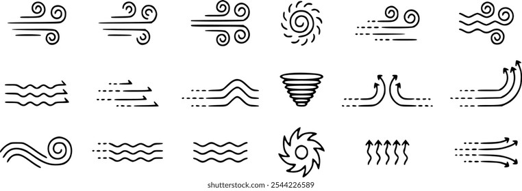 Ícone de vento definido. Ícones de vetor de ventos definidos. Movimento do ar do vento para o clima e símbolo de previsão. Contém sinal de tempestade, tornado e brisa. Desenhar gráfico na ilustração de estilo de contorno.