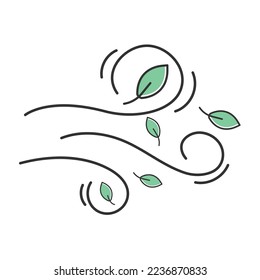 Icono de viento Vector aislado en el fondo. diseño de estilo de línea aérea para banner de infografía y diseño de sitios web. símbolos de viento, hojas verdes y clima, ilustración vectorial del logo de otoño.