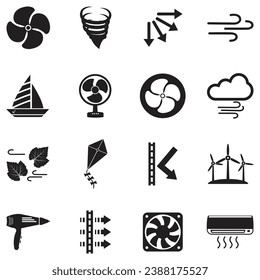 Iconos de viento. Diseño plano negro. Ilustración vectorial.