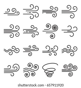 Wind icons. Collection of 16 linear symbols isolated on a white background. Editable stroke. Vector illustration