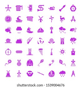 wind icons. Editable 49 wind icons. Included icons such as Compass, Rain, Sailboat, Flute, Cool, Windmill, Kite, Solar energy, Nylon Jacket, Ecology. wind trendy icons for web.