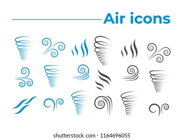 Wind icons nature, wave flowing, cool weather, climate and motion