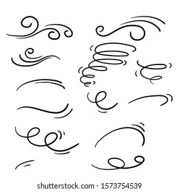 Wind icons nature, wave flowing illustration with hand drawn doodle cartoon style isolated on white background