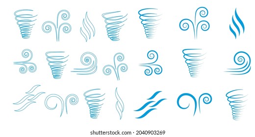 Wind icons nature, wave flowing, cool weather, climate and motion