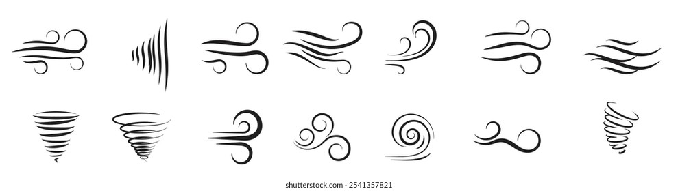 Wind icons nature, wave flowing, cool weather, climate and motion, vector illustration