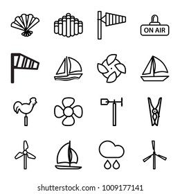 Wind icons. set of 16 editable outline wind icons such as mill, wind cone, cloth pin, sailboat, fan, weather vane, open air, harmonica