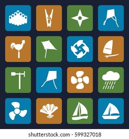 wind icons set. Set of 16 wind filled icons such as kite, cloth pin, sailboat, rain, weather vane, fan, harmonica, windsurfing, compass