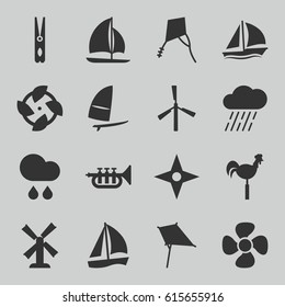 Wind icons set. set of 16 wind filled icons such as mill, kite, cloth pin, rain, weather vane, fan, trumpet, sailboat, windsurfing