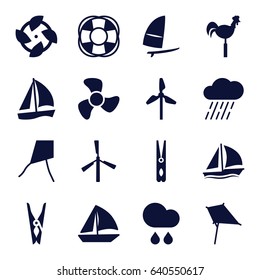 Wind icons set. set of 16 wind filled icons such as mill, kite, cloth pin, sailboat, rain, weather vane, fan, windsurfing