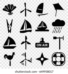Wind icons set. set of 16 wind filled icons such as mill, kite, cloth pin, sailboat, rain, weather vane, fan, open air, boat, windsurfing