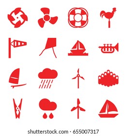 Wind icons set. set of 16 wind filled icons such as wind cone, cloth pin, sailboat, rain, weather vane, fan, harmonica, trumpet, boat, windsurfing, mill