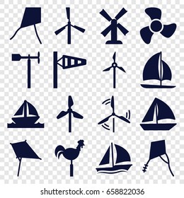 Wind icons set. set of 16 wind filled icons such as mill, wind cone, kite, sailboat, weather vane, boat, fan