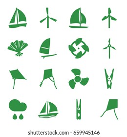 Wind icons set. set of 16 wind filled icons such as mill, kite, cloth pin, fan, rain, sailboat, windsurfing