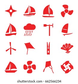 Wind icons set. set of 16 wind filled icons such as mill, kite, cloth pin, sailboat, rain, weather vane, fan, windsurfing