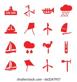 Wind icons set. set of 16 wind filled icons such as mill, kite, cloth pin, rain, weather vane, open air, trumpet, boat, windsurfing, sailboat