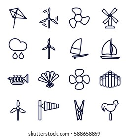 wind icons set. Set of 16 wind outline icons such as wind cone, mill, kite, cloth pin, weather vane, fan, harmonica, trumpet, rain, sailboat