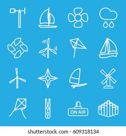 Wind icons set. set of 16 wind outline icons such as mill, kite, cloth pin, weather vane, fan, open air, harmonica, rain, compass, sailboat, windsurfing