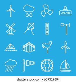 Wind icons set. set of 16 wind outline icons such as wind cone, mill, cloth pin, rain, weather vane, fan, open air, harmonica, boat, sailboat