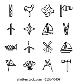 Wind icons set. set of 16 wind outline icons such as wind cone, mill, kite, cloth pin, weather vane, trumpet, fan, compass