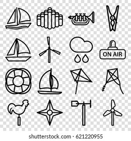 Wind icons set. set of 16 wind outline icons such as mill, kite, cloth pin, weather vane, fan, open air, harmonica, trumpet, rain, sailboat