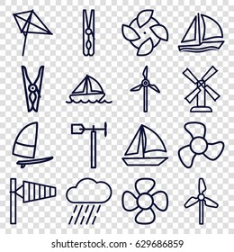 Wind icons set. set of 16 wind outline icons such as wind cone, mill, kite, cloth pin, rain, weather vane, fan, boat, sailboat