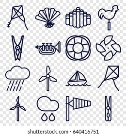Wind icons set. set of 16 wind outline icons such as wind cone, cloth pin, rain, weather vane, fan, harmonica, trumpet, boat, kite, mill