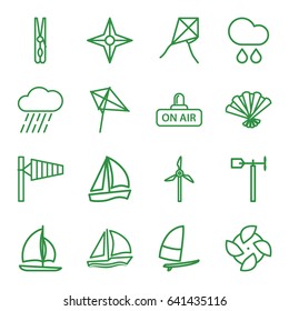 Wind icons set. set of 16 wind outline icons such as wind cone, kite, cloth pin, rain, weather vane, open air, fan, sailboat, mill, compass, windsurfing