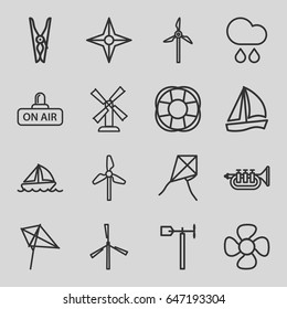 Wind icons set. set of 16 wind outline icons such as mill, kite, cloth pin, weather vane, fan, open air, trumpet, boat, rain, compass, dandelion
