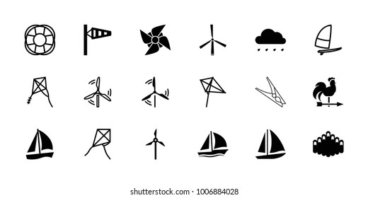 Wind icons. set of 18 editable filled and outline wind icons: wind cone, sailboat, harmonica, mill, kite, dandelion, fan, windsurfing, cloth pin, rain