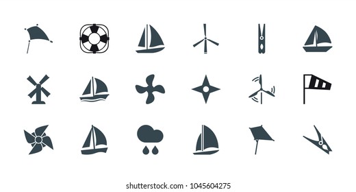 Wind icons. set of 18 editable filled wind icons: mill, kite, cloth pin, sailboat, rain, compass, wind cone